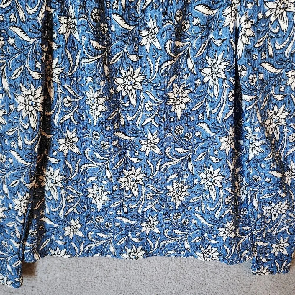 LOFT Women's Square Neck Long Puff Sleeve‎ Blouse Top Blue/White Floral Size S